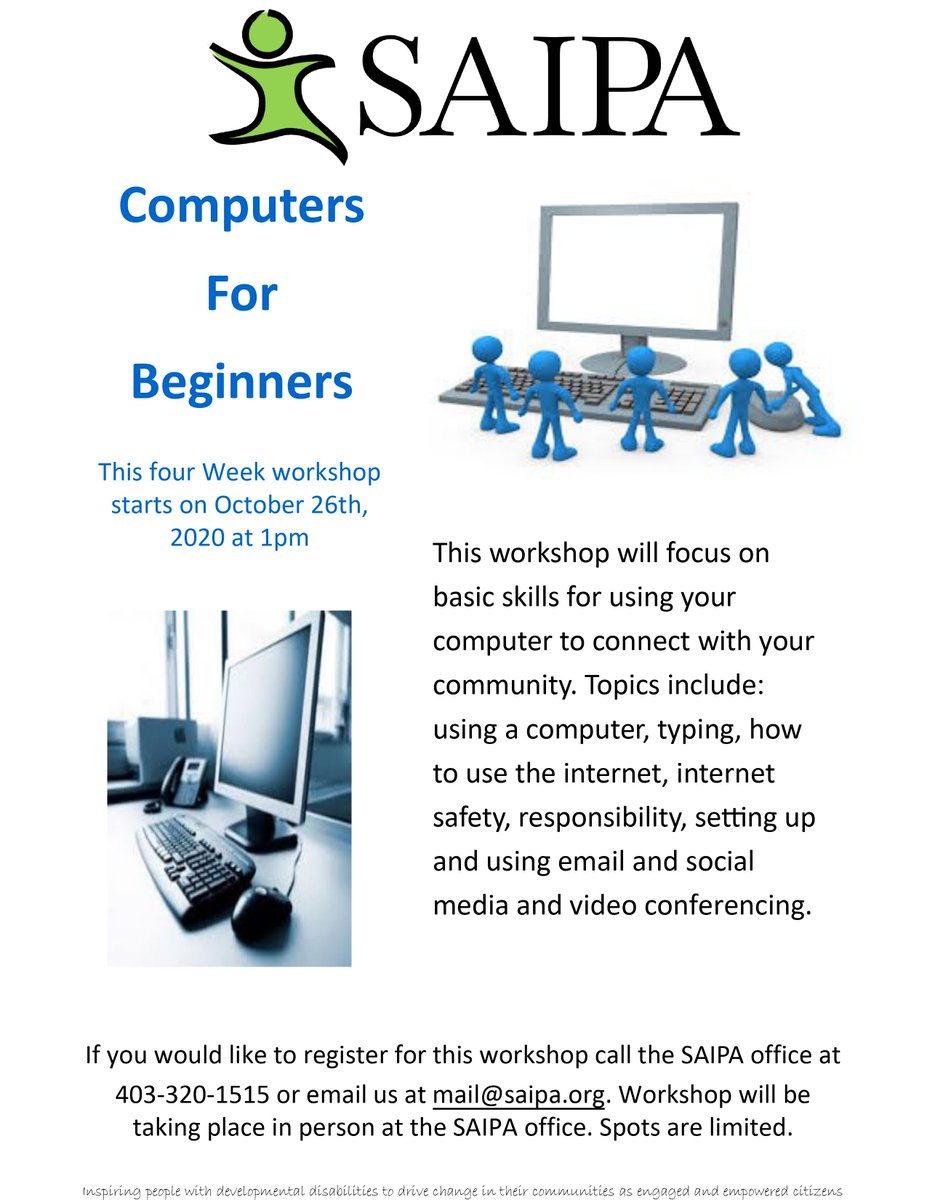 If you have not registered for our Computers for Beginners workshop it's not too late! It starts on Monday, October 26th at 1:00pm. Call the SAIPA office at 403-320-1515 or register on our website at saipa.org/events/compute…
