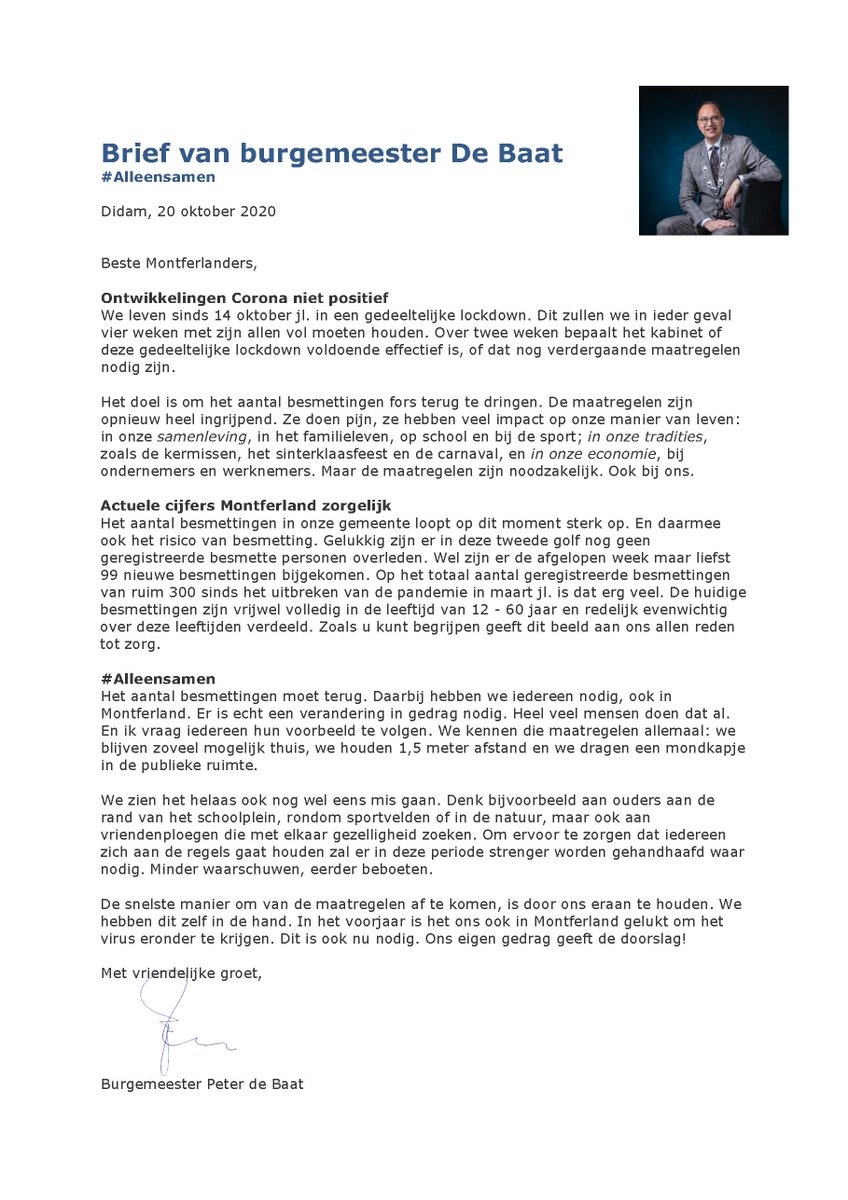 Burgemeester De Baat schrijft brief aan alle inwoners. #alleensamen