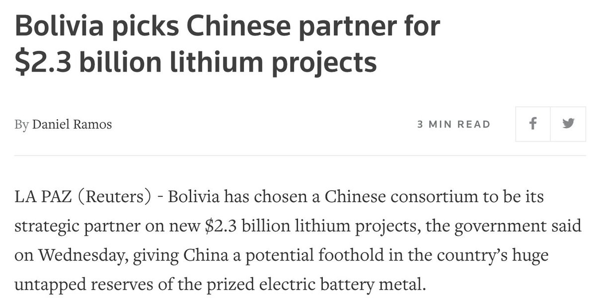 China's role in Bolivia's lithium industry, nationalized under MAS, drew particular ire from imperialists and Western transnational corporations. In 2019 a Chinese firm was tapped lithium projects which would protect state ownership over lithium extraction and manufacturing.