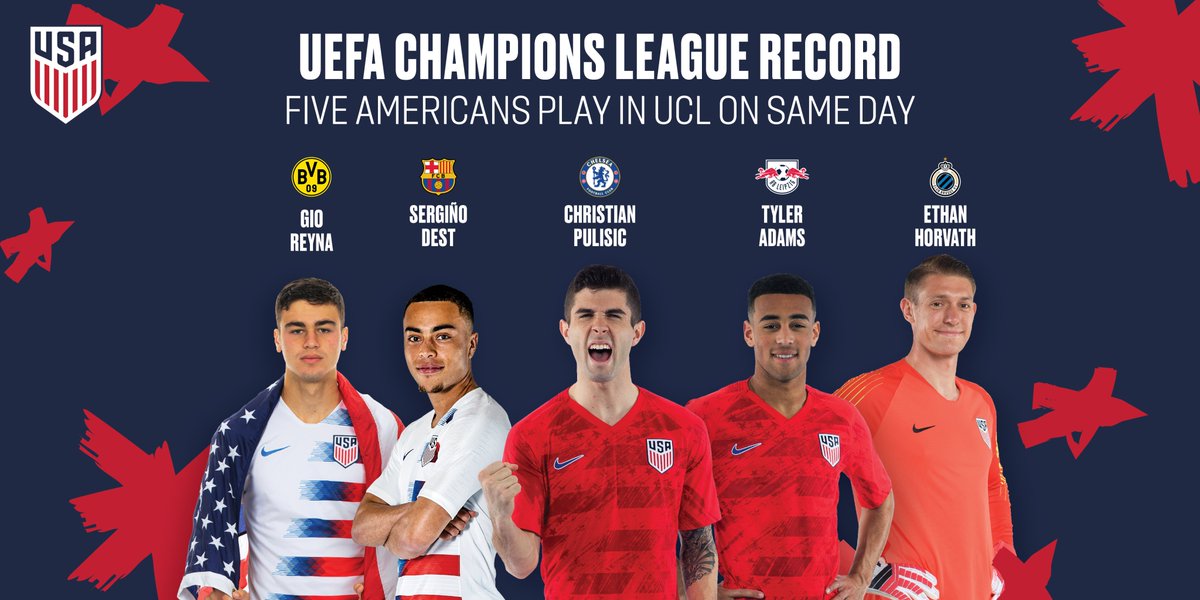 U.S. Soccer Men's National Team (@usmnt) on Twitter photo #UCL ๐๐๐๐๐๐! ๐คฉโค๏ธ
For the first time, ๐ ๐บ๐ธ players have appeared in the <a href="/ChampionsLeague/">UEFA Champions League</a> on the same day:
๐บ๐ธ Ethan Horvath
๐บ๐ธ @cpulisic_10
๐บ๐ธ <a href="/sergino_dest/">Sergiรฑo Dest</a>
๐บ๐ธ Gio Reyna
๐บ๐ธ <a href="/tyler_adams14/">Tyler Adams</a>
#USMNTinUCL History: ussoc.cr/5UCL #UCL ๐๐๐๐๐๐! ๐คฉโค๏ธ
For the first time, ๐ ๐บ๐ธ players have appeared in the <a href="/ChampionsLeague/">UEFA Champions League</a> on the same day:
๐บ๐ธ Ethan Horvath
๐บ๐ธ @cpulisic_10
๐บ๐ธ <a href="/sergino_dest/">Sergiรฑo Dest</a>
๐บ๐ธ Gio Reyna
๐บ๐ธ <a href="/tyler_adams14/">Tyler Adams</a>
#USMNTinUCL History: ussoc.cr/5UCL