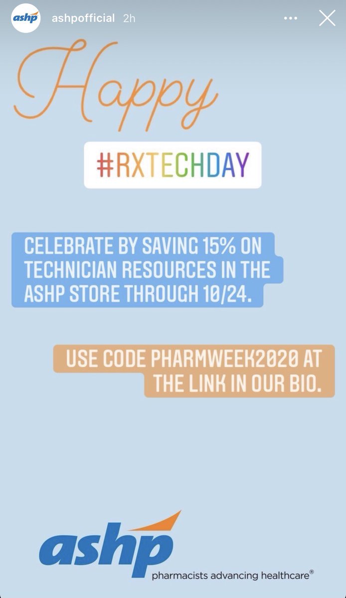 SCSHPharmacy's tweet photo. #rxtechs check out this resource discount from @ASHPOfficial for national pharmacy technician day! 15% the ASHP resource store with code PHARMWEEK2020 https://t.co/F4OvjCR401
