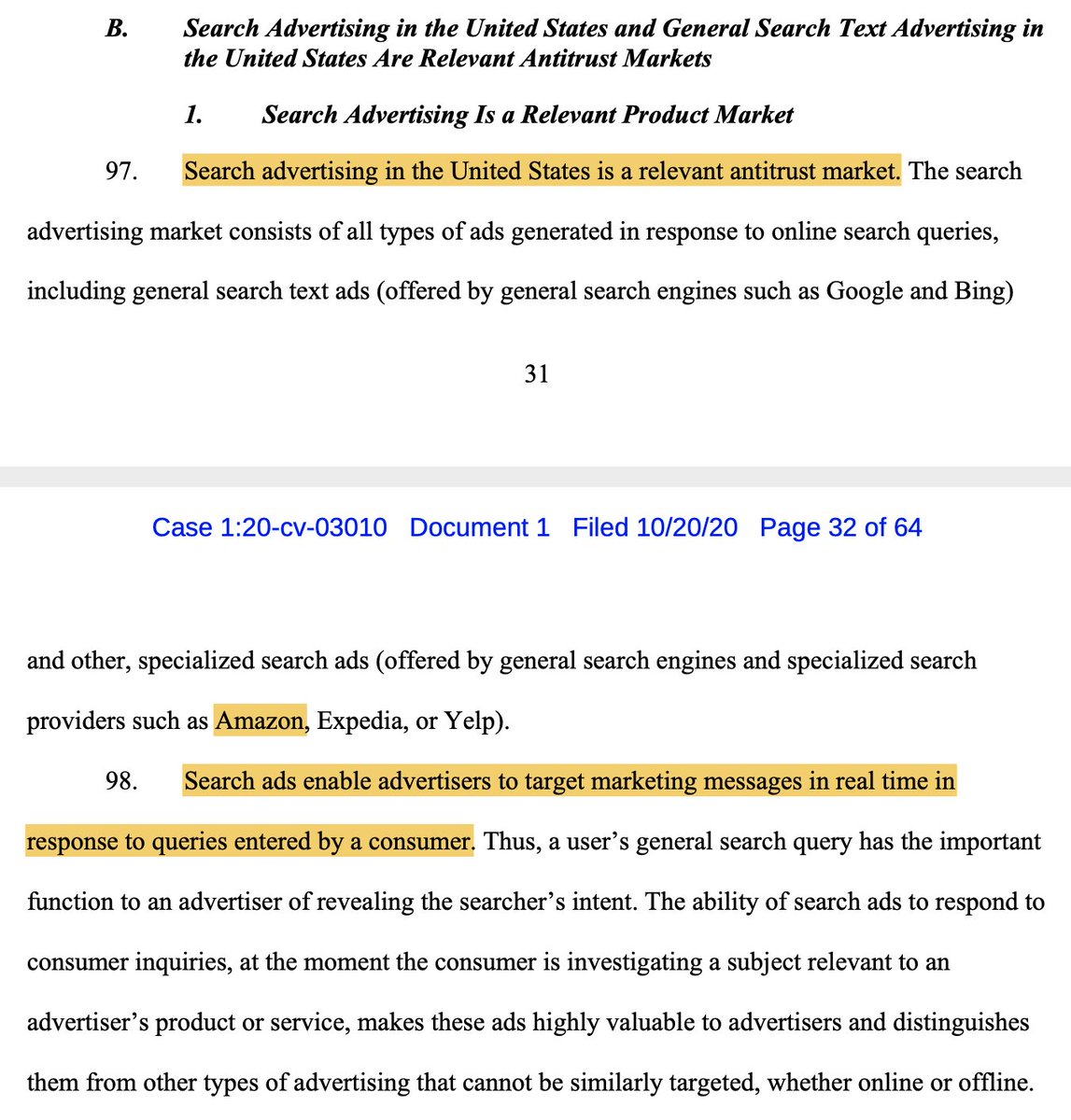 Here's the biggest problem for the DOJ:To show that Google has a monopoly, they need to show that search ads are different from other kinds of ads. So they emphasize that search matters because users have very high purchase intent.But 49% of online shoppers start on Amazon!