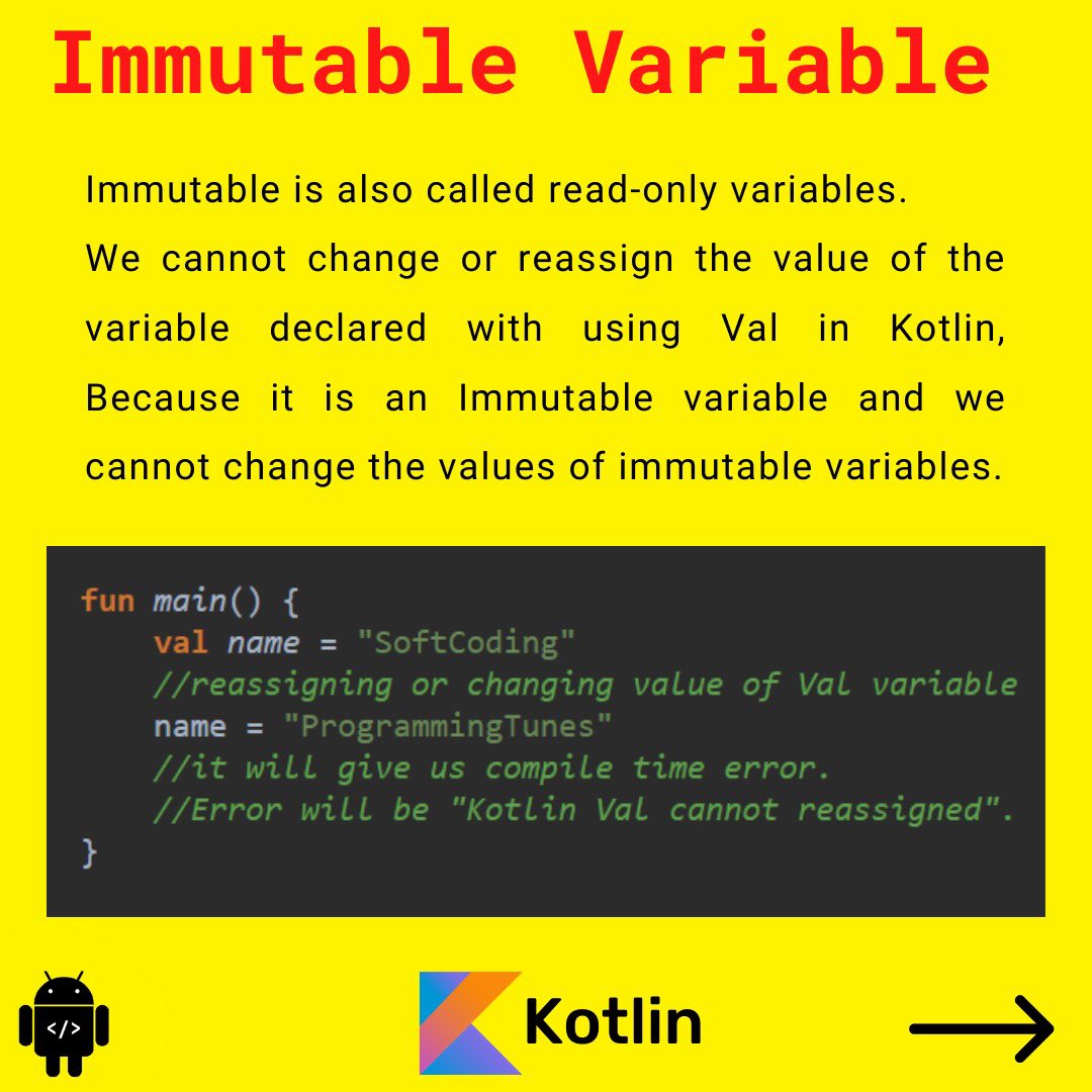 coding_zest's tweet image. Variables in Kotlin. 
#KotlinTips #kotlin #AndroidDeveloper #androdDev #Androiddev #Kotlin #AndroidDev #DEVCommunity #javascript #programming #WomenWhoCode #CodeNewbie #100DaysOfCode #100daysofcodechallenge #100DaysOfDesign #codingisfun #uiux #androiddeve #appsdev