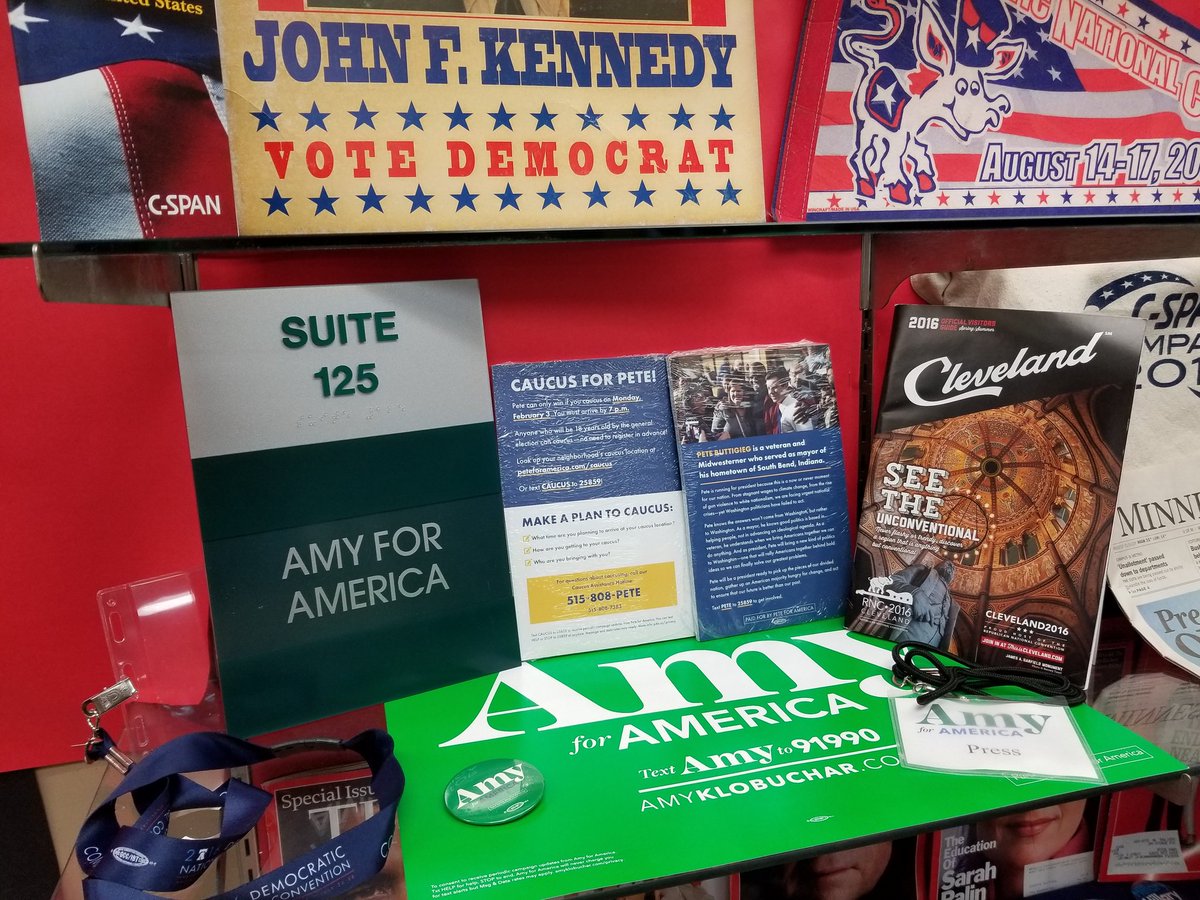 MarkJWestpfahl's tweet photo. The right side is dedicated to presidential campaign artifacts. The left side is going to be more for local, state and federal campaigns. It's already sparked curiosity and questions from a bunch of students. #Election2020 #ElectionLearningTrunk #electionWall #SSPMSpackers https://t.co/CJHdsQ00qK
