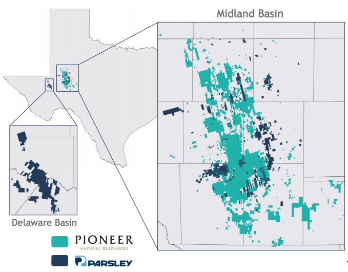 EmilyPatsy's tweet image. Breaking #oil and #gas news: Pioneer Natural Resources to acquire Parsley Energy in all-stock merger valued at about $7.6 billion (including debt). (Incl. map of combined #Permian assets) More: bit.ly/3o9GiC6 $PXD $PE