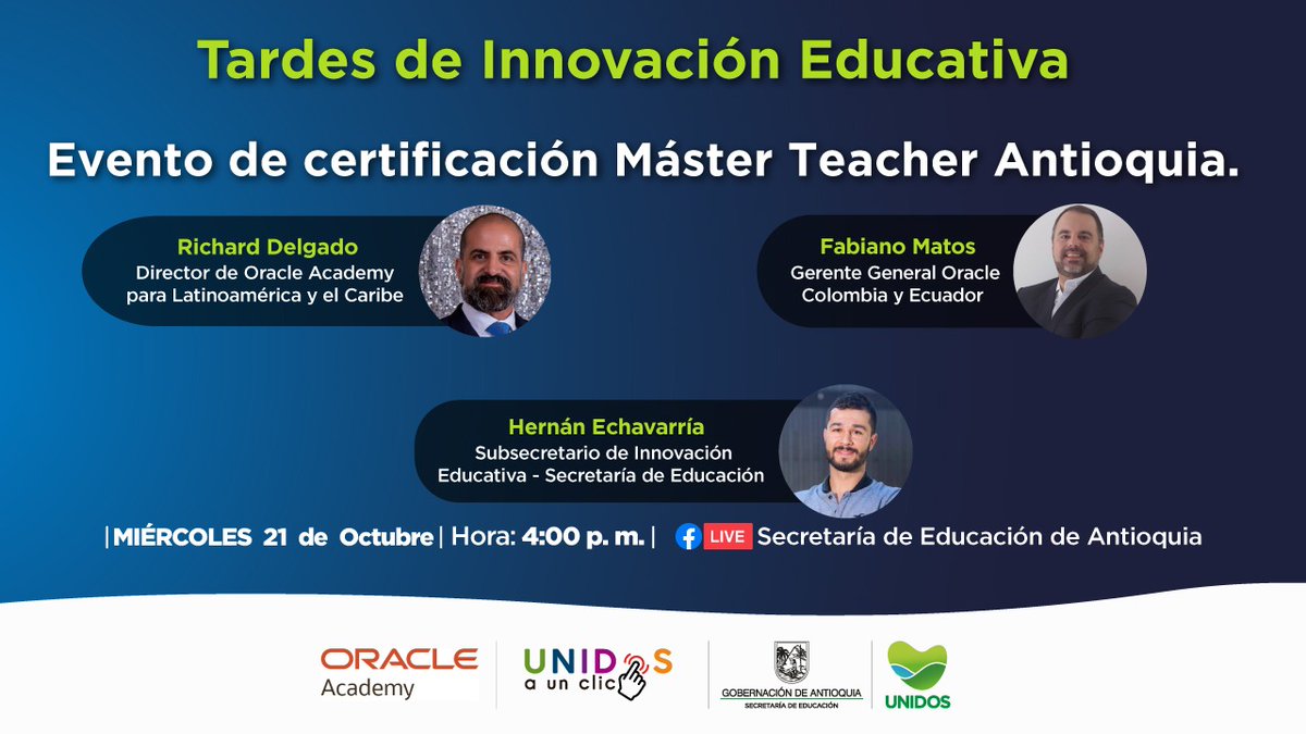 En alianza con <a href="/OracleAcademy/">Oracle Academy</a> 29 docentes de Antioquia se formaron como Máster Teachers en lenguajes de programación.

🗣️ Participa en el evento de certificación del primer equipo de Máster Teachers en Colombia.

🗓️ 21 de octubre
⏰ 4:00 p.m.
📽️ #FacebookLive <a href="/SecEducacionAnt/">Secretaría de Educación de Antioquia</a>