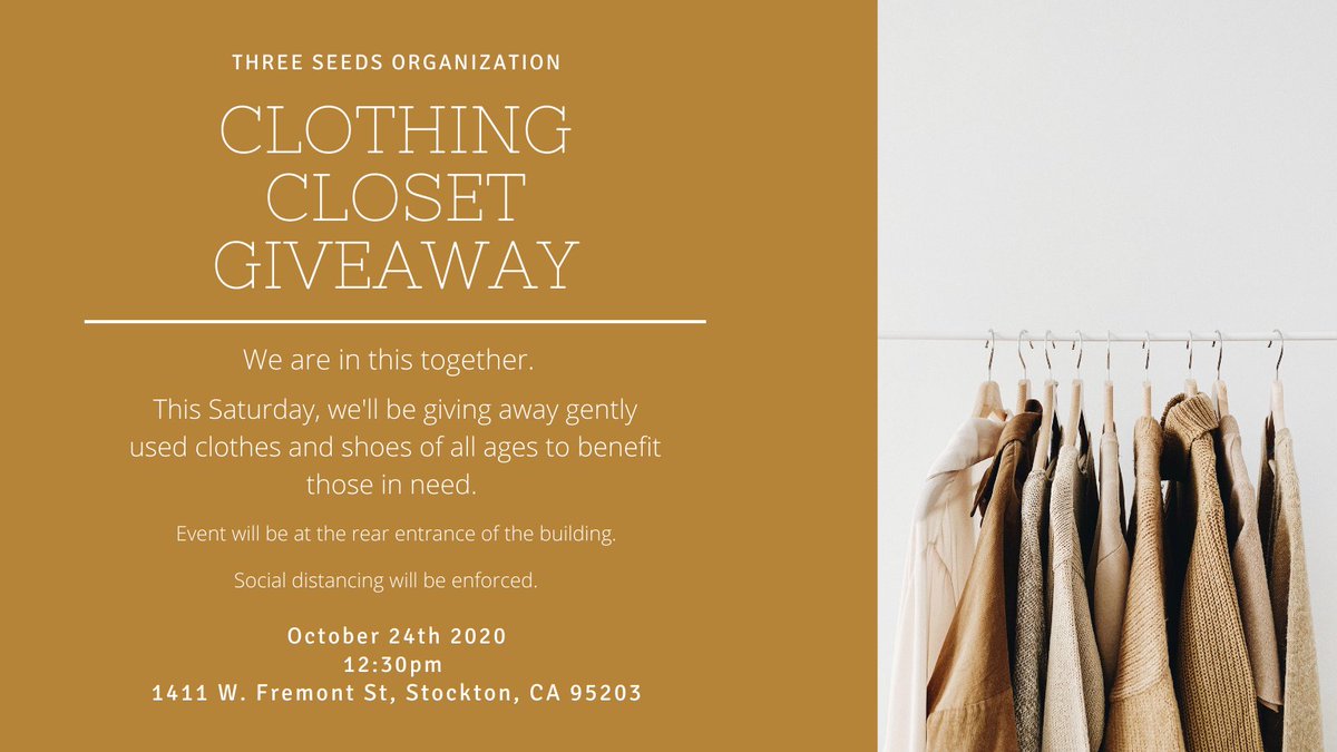 If you or if someone you know is in need of clothes, please come by our office this Saturday, October 24th. We will be giving out gently used clothes and shoes. If you have any questions feel free to send us a message or call us at (209) 475-8306
#threeseedsorg #stocktonca