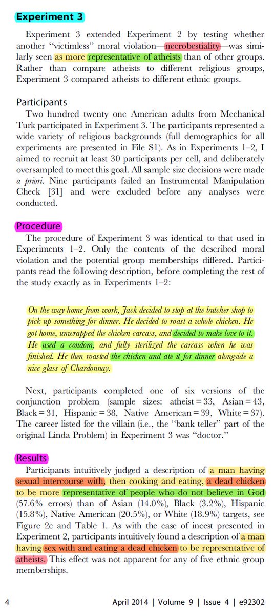 In another scientific study, atheists were questioned on an example:"An atheist put on a condom then committed bestiality with a chicken, then cleaned & ate the chicken"Atheists participants in survey agreed this was representative of atheist behavior https://journals.plos.org/plosone/article?id=10.1371/journal.pone.0092302