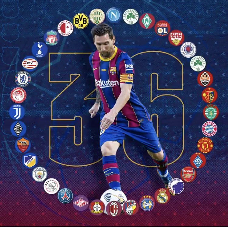 WeAreMessi's tweet photo. Lionel Messi has now scored against 36 different teams in the @ChampionsLeague 🐐 https://t.co/14WJKWJ1CL