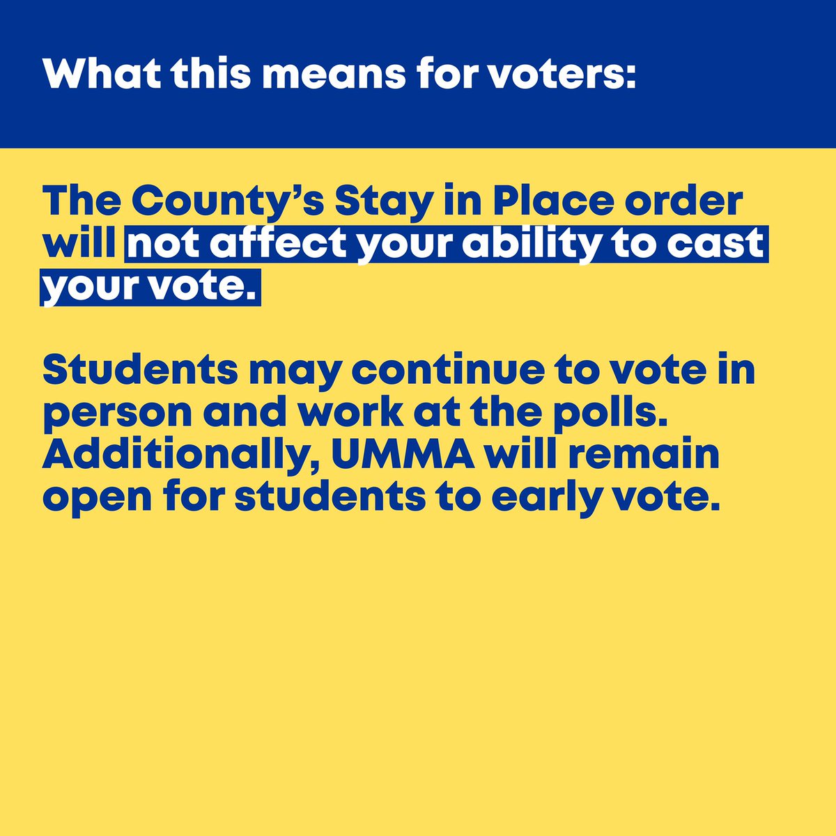 CollegeDemsatUM's tweet photo. The recent Stay in Place order will not affect your ability to cast your ballot! Student can continue to early vote in person at the polls. 

#StayInPlace #Washtenaw #AnnArbor #UMich #Vote #EarlyVoting #WashtenawCounty https://t.co/n3d0ciQUbl