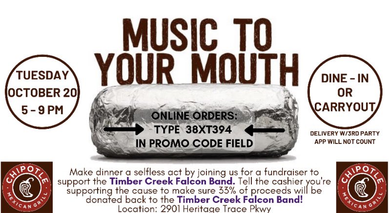 timbercband's tweet photo. Join us tonight from 5-9 P.M. to support our program at Chipotle!
#SpiritNight https://t.co/Fsd5VwQUnk