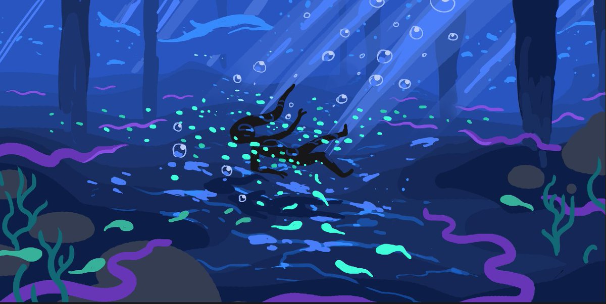 StudioSyro's tweet image. Storyboard panels of the underwater sequence from our latest VR film: The Neon Jungle! Art by @funilab1 

#quest2 #storyboard #conceptart