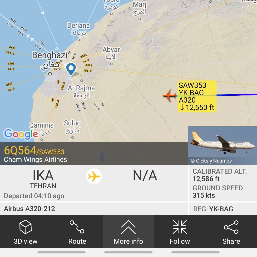 Gerjon_'s tweet photo. 🇸🇾YK-BAG #SAW353 from 🇮🇷#Tehran, #Iran is now indeed descending for 🇱🇾#Benghazi, #Libya.
Good night, y'all! https://t.co/Baqt0IVG0N