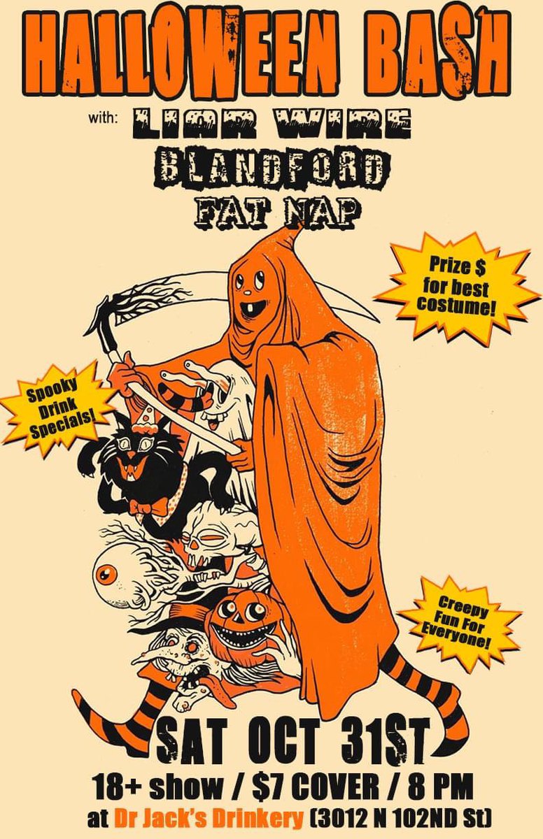 BlandfordBand's tweet photo. Don’t forget we’re playing with Liar Wire and Fat Nap at the Drinkery on Halloween! Don’t forget to bring a spooky mask! https://t.co/FnnX608xwG