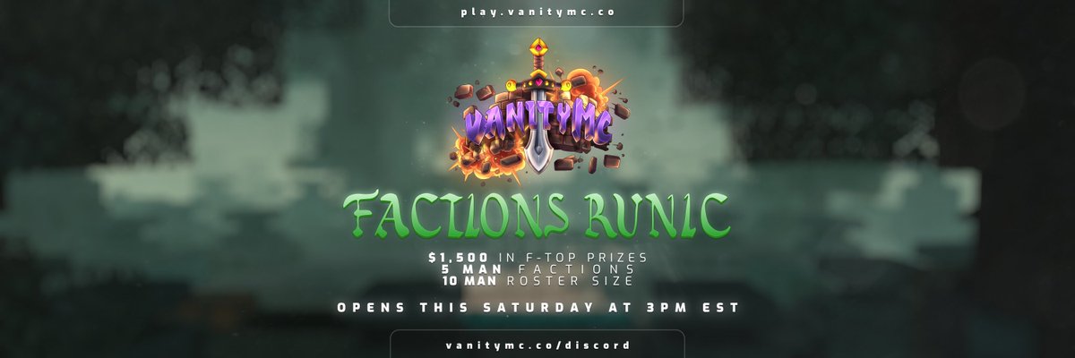 VanityMC's tweet image. Factions Runic reset will be this Saturday, October 24th @ 3PM EST 👑

💰 $1,500 F-TOP PAYOUTS 

🍃 CHANGELOG: vanitymc.co/runic

💎 SOTW GIVEAWAY
- x3 Vanity Ranks
- 5000 V-Gems

LIKE + RETWEET + FOLLOW 💚
