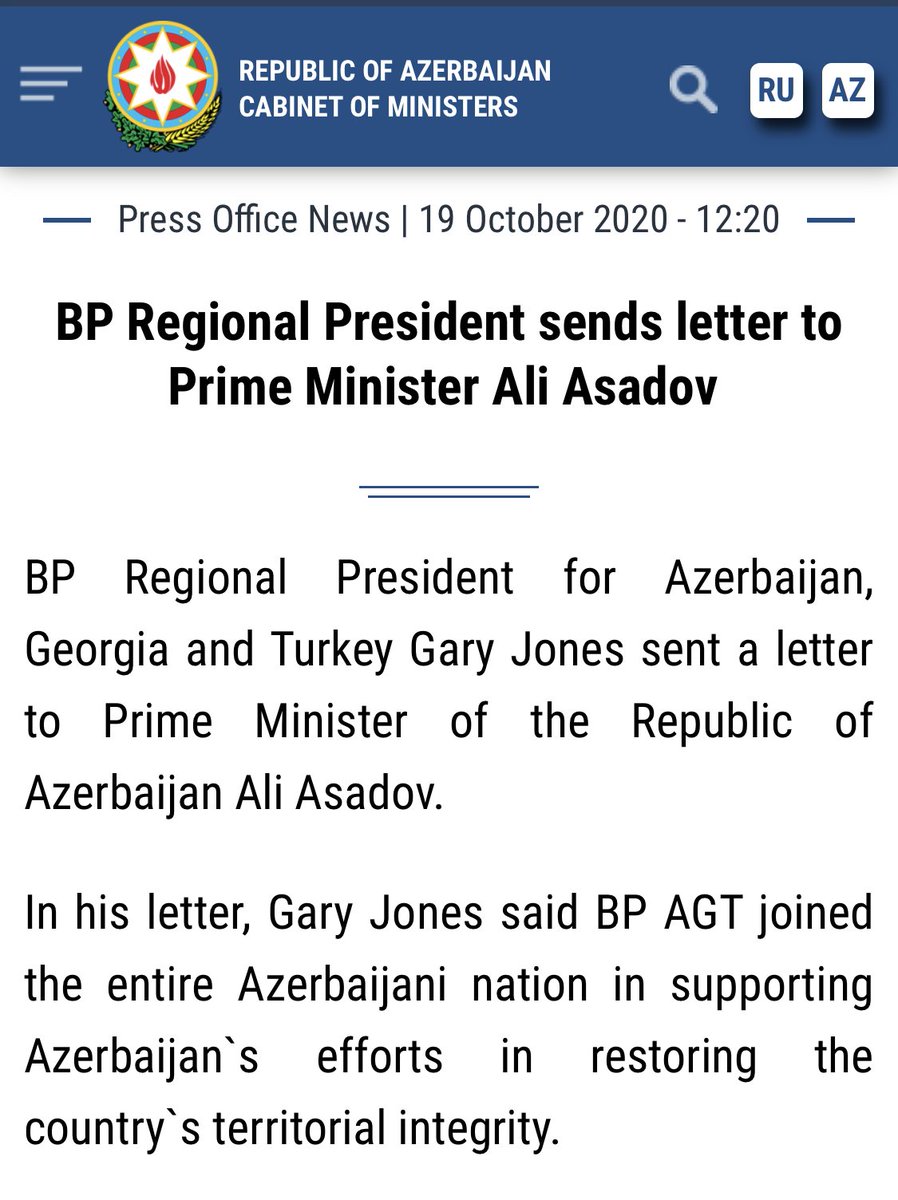 While the UK government has urged both sides in the #Karabakh conflict to return to the negotiating table, @bp_plc has reportedly expressed support for #Azerbaijan - a country in which it is a major investor. nk.gov.az/en/article/114… #MonitoringKarabakh