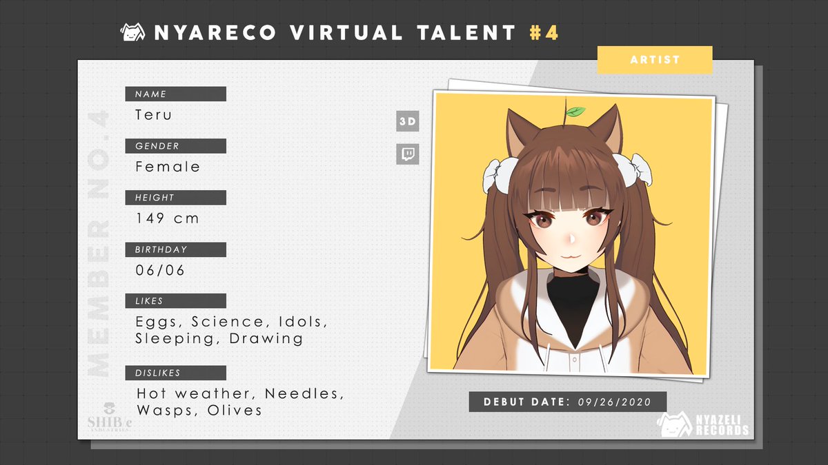 TERU ( @terupancake) is a shiba girl who likes drawing monster girls. An idol fan who has extensive knowledge on Love Live! She's been part of NYARECO's design staff for a couple months now, providing Lamork and Tipanya with their 3D models. Loves eggs.  https://www.twitch.tv/terupancake 