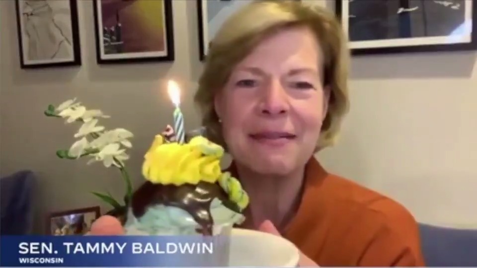 Sen. Tammy Baldwin surprises Sen. Kamala Harris with a birthday cupcake: \"Happy birthday, Kamala!\" 