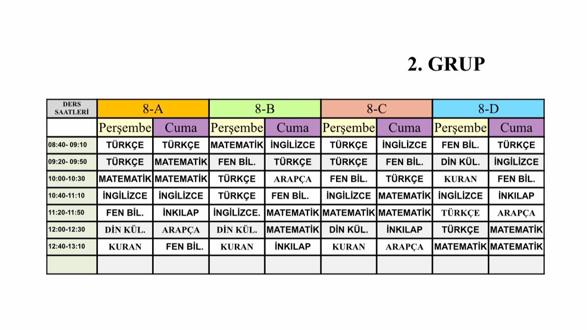 8. Sınıf öğrencilerimizden yüz yüze eğitime iki grup olarak katılan birinci ve ikinci grup öğrencilerimizin haftalık ders programı. 📚 📚 ☑️ <a href="/ziyaselcuk/">Ziya Selçuk</a> <a href="/tcmeb/">Millî Eğitim Bakanlığı</a> <a href="/MusMilliEgitim1/">Muş İl Millî Eğitim Müdürlüğü</a> <a href="/mus_eba/">MuşEBA</a> @MetinAk72551665 <a href="/EnverkV/">Enver KIVANÇ</a>