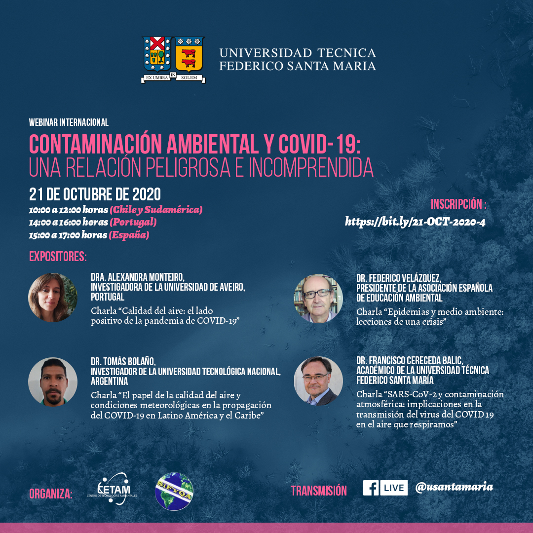 Mañana 21 de octubre te invitamos al webinar Internacional "Contaminación ambiental y COVID 19: Una relación peligrosa e incomprendida".

Participa vía Zoom inscribiéndote en bit.ly/21-OCT-2020-4

Transmisión vía Facebook Live <a href="/usantamaria/">USM</a>