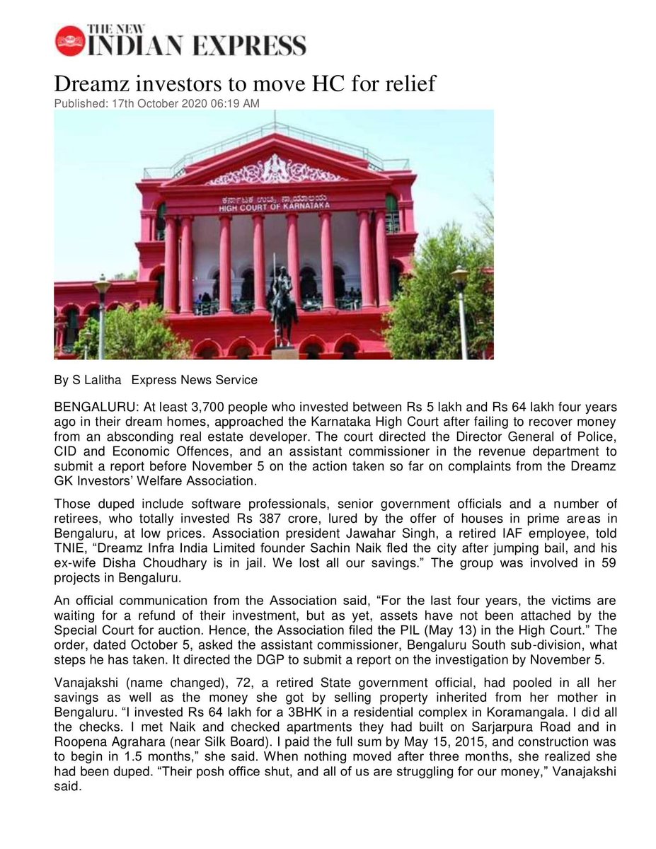 JSingh93203307's tweet photo. @ymrMIRROR @BangaloreMirror @umeshryadav @DeccanHerald @nkaggere @chitra_arien @the_hindu Dreamz Infra, Bengaluru cheated Rs. 400 crore from 3600 Investors. Victims of scam dying a slow death. Why news media silent? High Court issues notice to KK govt on PIL filed by Association. https://t.co/t2CNtzMWtX