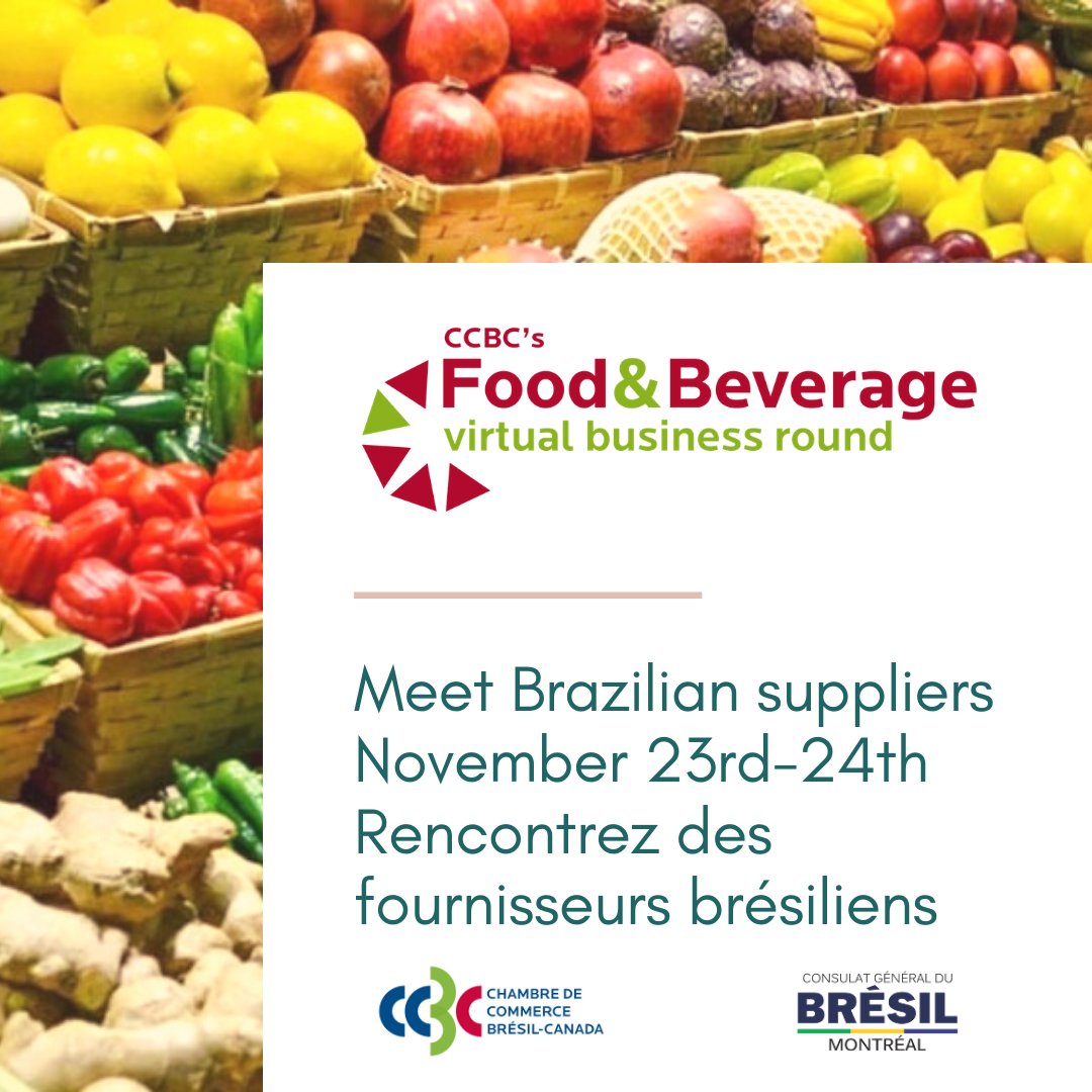 The Consulate General of Brazil in Montreal has the pleasure to invite you to the @CCBC_BrCa's Brazilian Food &amp; Beverage Virtual Business Round on 23rd &amp; 24th November 2020 from 2pm to 5pm. To participate, please fill out the Canadian Buyer Interest Form: bit.ly/CanbuyBr23_24N…