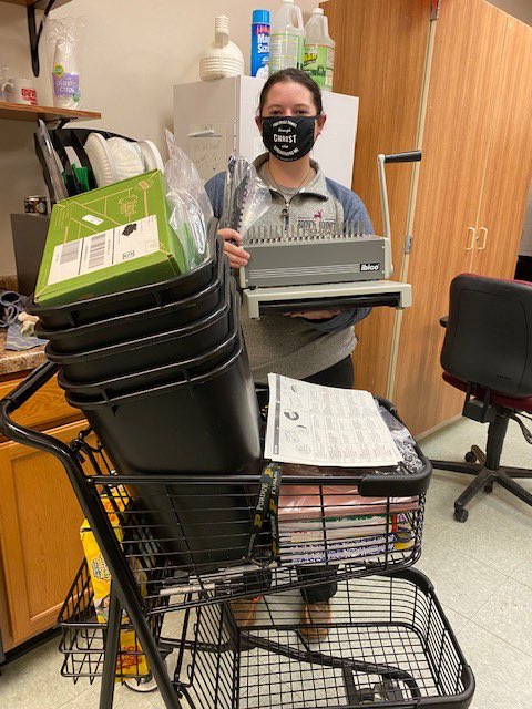 BtownTWarehouse's tweet image. Cassie Lehmann, winner of one of the binding machines, was thrilled to receive it. Her ag students will use it for instruction booklets they will make. She also stocked up on waste baskets for her ag building which is bigger than her house.