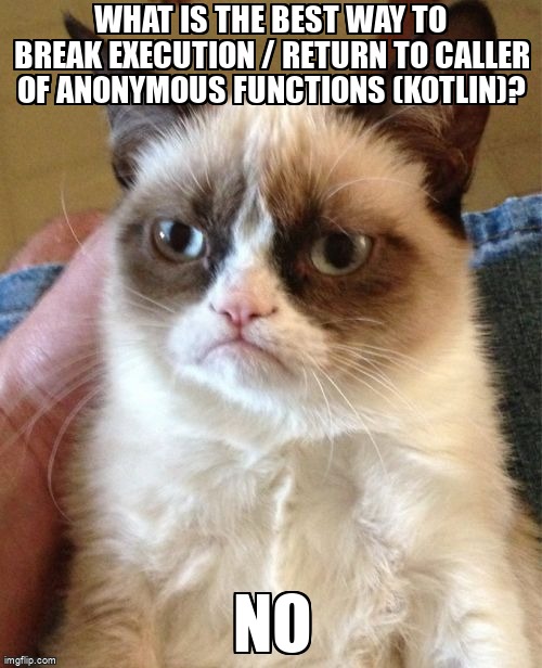 overflow_meme's tweet image. What is the best way to break execution / return to caller of anonymous functions (Kotlin)? stackoverflow.com/questions/6444… #kotlin #higherorderfunctions #anonymousfunction
