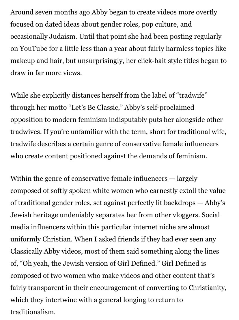 The third paragraph is where we really start to get to problem areasThe author sets a scene where it’s clear people are describing Abby as Jewish and saying she’s a conservative YouTuber that is set apart from others because she’s Jewish.The author sets this as a negative.