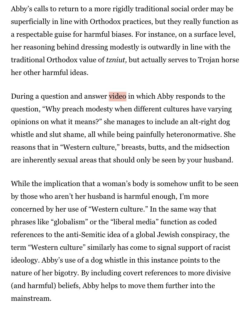 how’s any of this negative? And that’s where the author brings in the idea that Abby’s use of tzniut is actually a Trojan Horse for alt-right ideas.But the “alt-right” idea is just a normal views on modesty.Heteronormative? Yes. Alt-right? No.