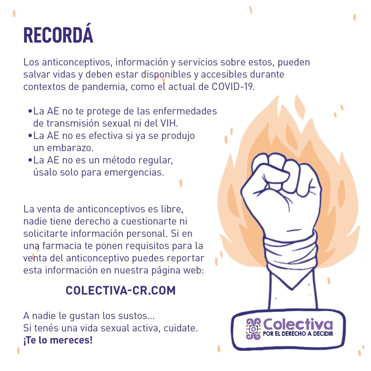¿Sexo sin protección? ¡Tenés 72 horas para usar la Anticoncepción de Emergencia y prevenir un embarazo!

¿Sabés que en CR ya es posible encontrar AE en farmacias del país?

Te invitamos a mantenernos informadas y vigilantes sobre la AE y su distribución comercial en farmacias.