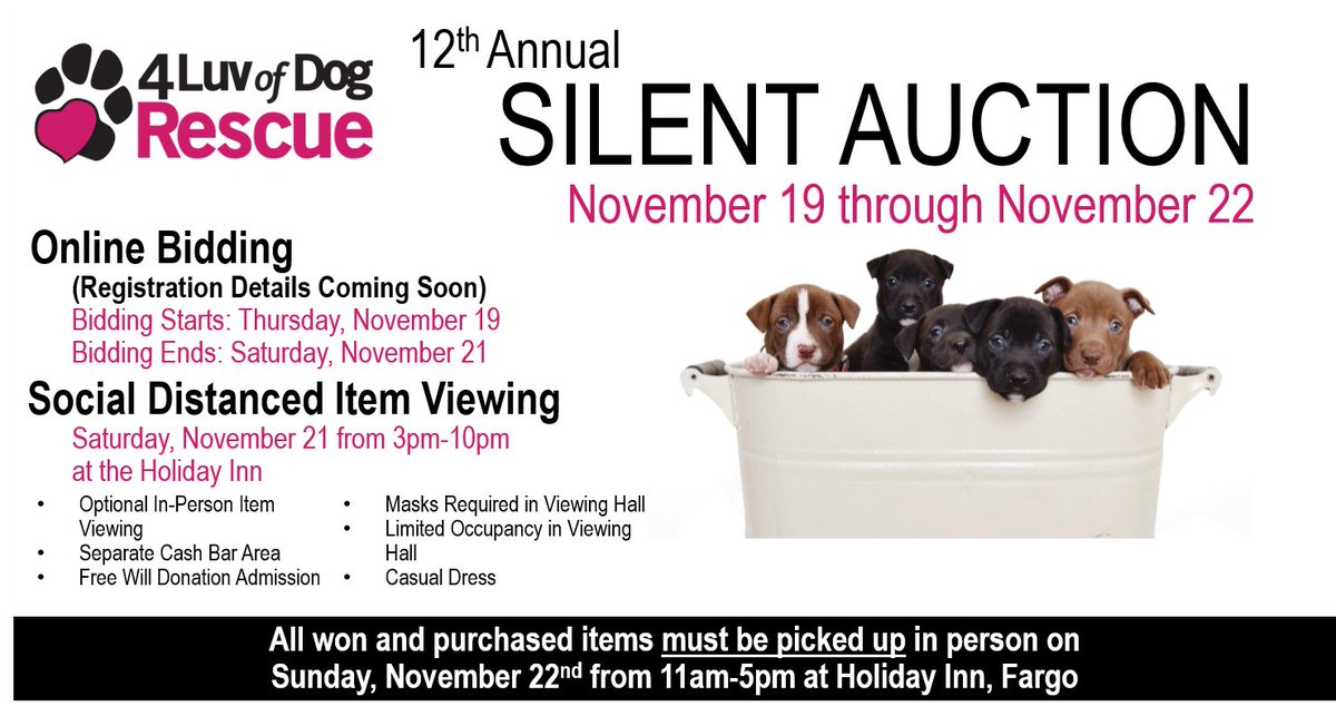 4luvofdogrescue's tweet photo. 4 Luv of Dog Rescue's 12th Annual Silent Auction. Registration details coming soon, for more details check out our Facebook event at: https://t.co/rsAwSwymZR
#SilentAuction #4Luvofdogrescue #Allforthedogs https://t.co/ro4mWe6TPG