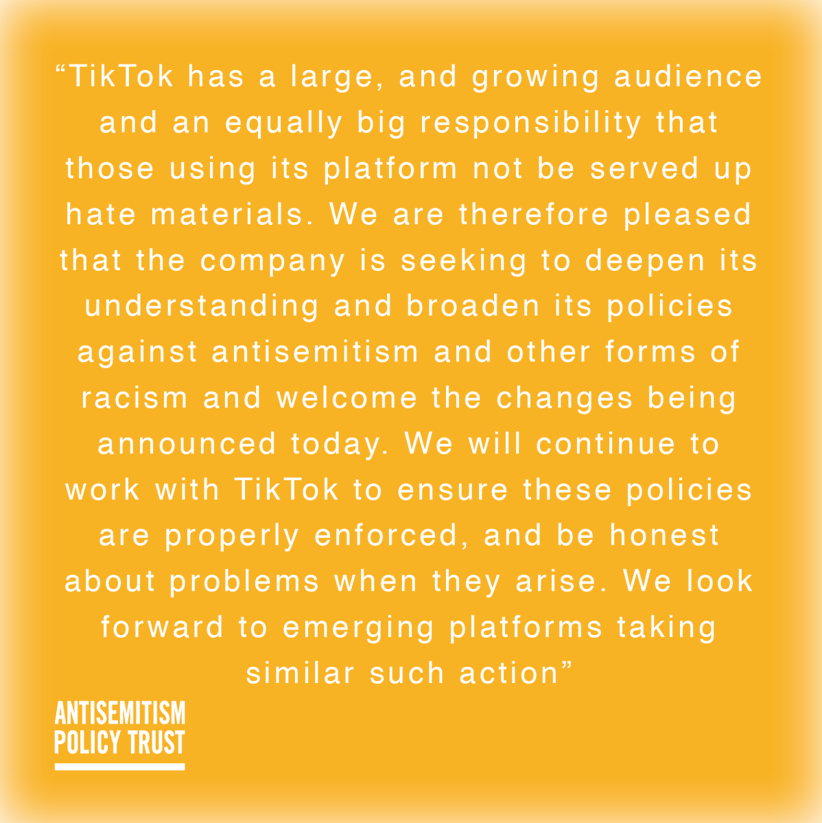 antisempolicy's tweet photo. APT Chief Executive @DannyStone1 comments on TikTok's update to their hate speech policy announced today https://t.co/1W20qgfbtu https://t.co/aowYECXvoD
