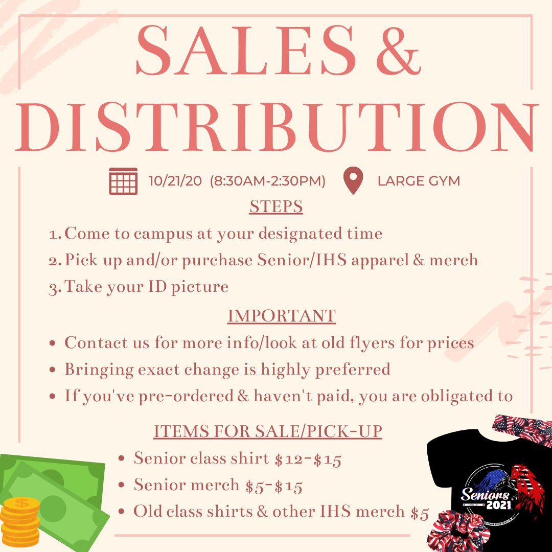 ihsco2021's tweet photo. Senior/IHS apparel &amp; merch will be available for pick up and/or purchase tomorrow on campus! Come to the large gym at your appointed time, stop by our booth, then take your ID pics. Contact us if you don’t remember what you’ve pre-ordered, or have other questions/concerns! ❤️💙 https://t.co/Tbu4pYbHt0