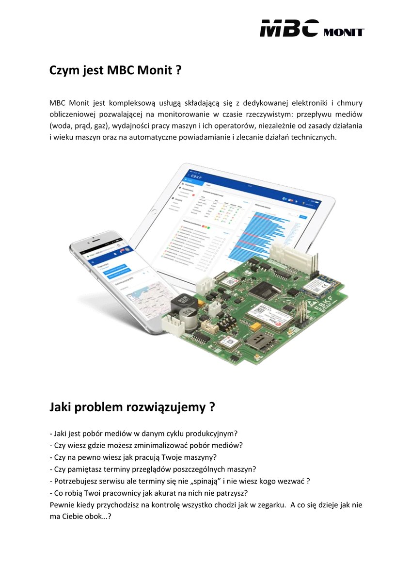 TechMBC's tweet image. MBC Tech oferuje usługi monitorowania w czasie rzeczywistym mediów, maszyn, urządzeń oraz ich operatorów oraz automatycznego powiadamiania/zlecania działań serwisowo-technicznych i wiele więcej...