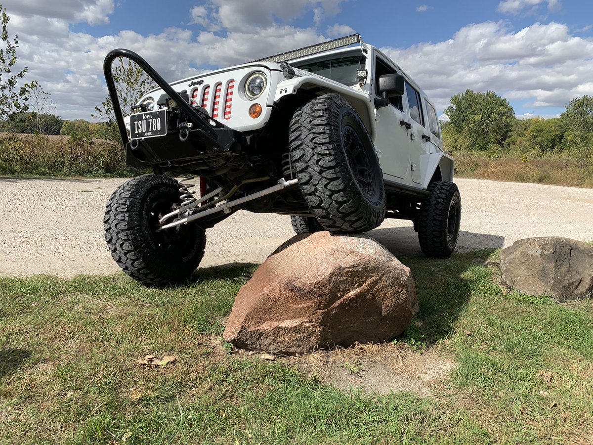 BigGuysNeedHugs's tweet photo. I realized it’s been a long time since I posted about the Jeep... so here is an update:
Lowered the Jeep 1 inch 
New shocks and coil springs
Moved up to 37” tires and 17” wheels
New front and rear bumpers
New spare tire carrier
Soft top for summer
And sway bar disconects https://t.co/RIYB6NOK0X