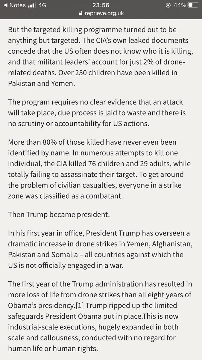 But just to outline ONE specific target (bear in mind there will be hundreds), over 100 people, most of them children, were killed in an attempt to target one individual. These are not even classed as civilian casualties because they dare to exist within the strike zone.