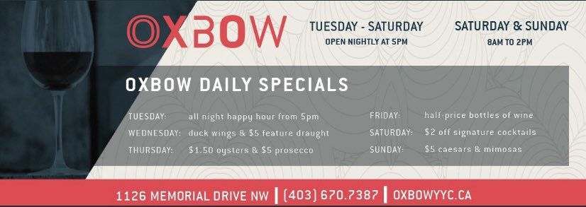Join us for #HappyHour <a href="/oxbow_yyc/">Oxbow Restaurant</a> with special features throughout the week. With the onset of the chilly weather, our cozy fireplace lounge is the perfect spot to take refuge and warm your soul with our delicious new fall menu. #yyceats #yychappyhour oxbowyyc.ca
