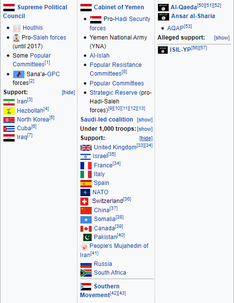 The Yemeni Civil War is a proxy war between Saudi Arabia and Iran, with a bunch of other random countries declaring their support for one side or another. https://en.wikipedia.org/wiki/Yemeni_Civil_War_(2014%E2%80%93present)