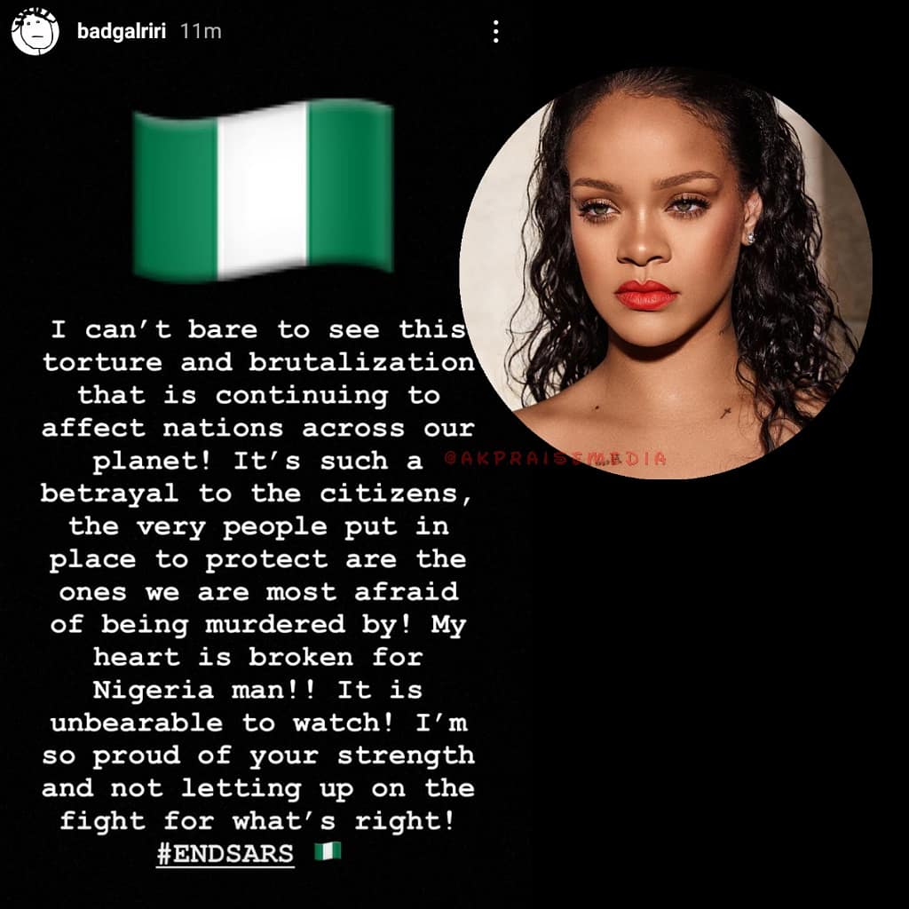 AkpraiseMedia's tweet image. Rihanna shows her support for Nigeria. #EndSARS #LekkiMassacre