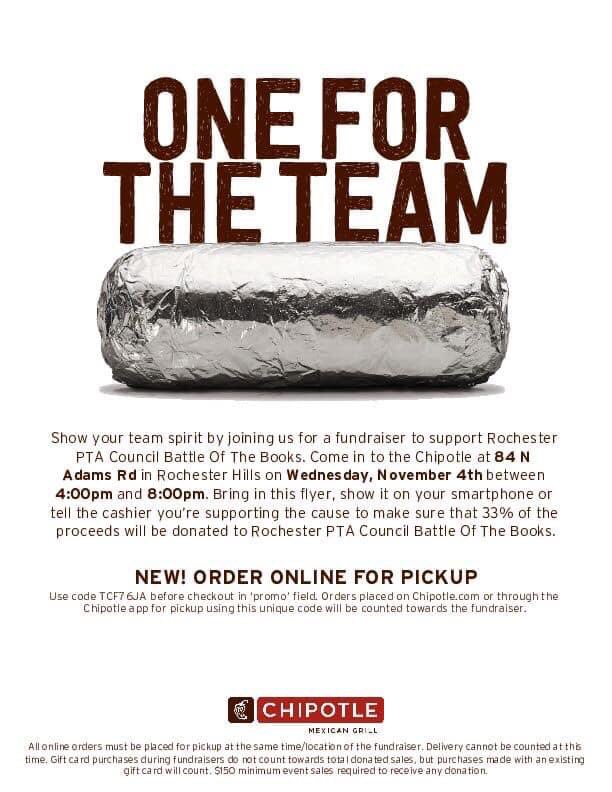 AdamsPTSA's tweet image. Today is the day from 4 p.m. to 8 p.m. 📚 Order from Chipotle in the Village using online code TCF76JA to support Battle of the Books.
