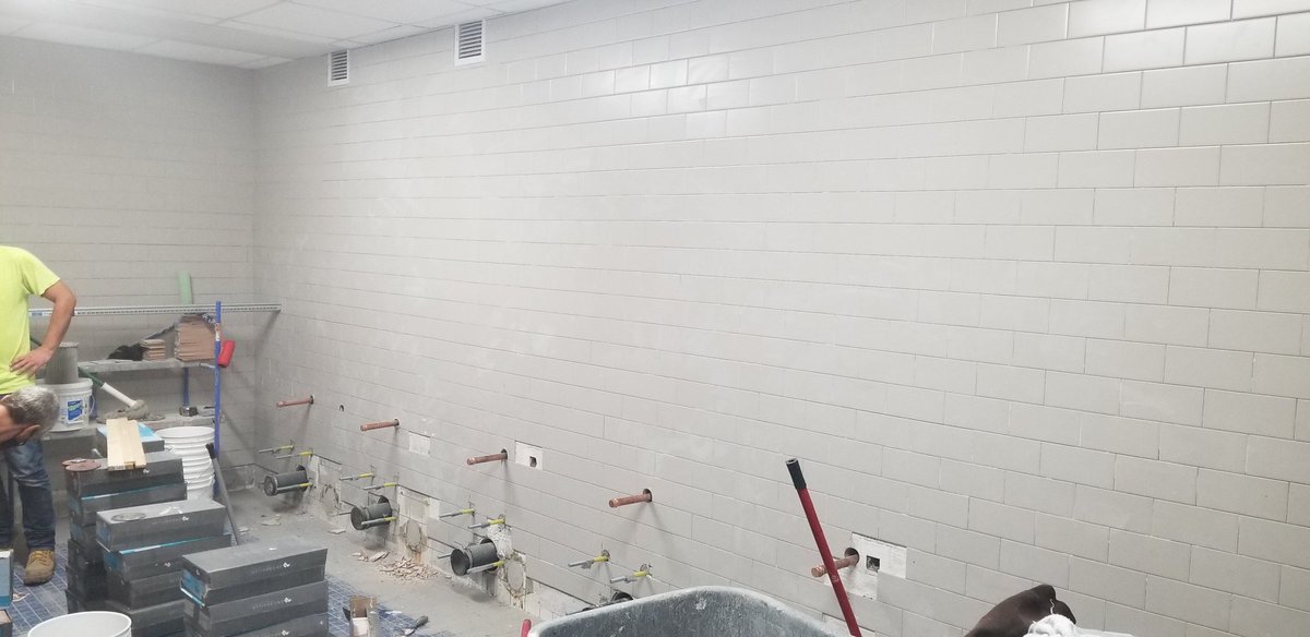 Shoreprincipal's tweet photo. B/D bathrooms are looking great and moving along nicely. Making the most of the empty building this week. https://t.co/dN1pKfOETQ