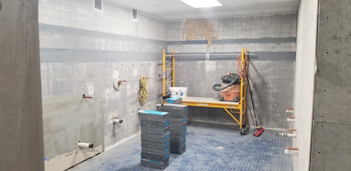 Shoreprincipal's tweet photo. B/D bathrooms are looking great and moving along nicely. Making the most of the empty building this week. https://t.co/dN1pKfOETQ