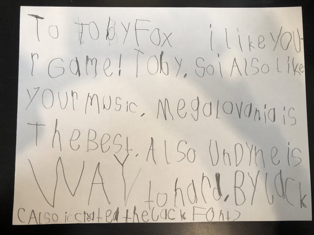 atkinsonj's tweet photo. @tobyfox here’s a fan letter for you from my son Jack, who is 6. He listens to the soundtrack on Spotify every day. He’s still working on getting the genocide ending in Undertale. Have a great day! https://t.co/gE85gqAcH6