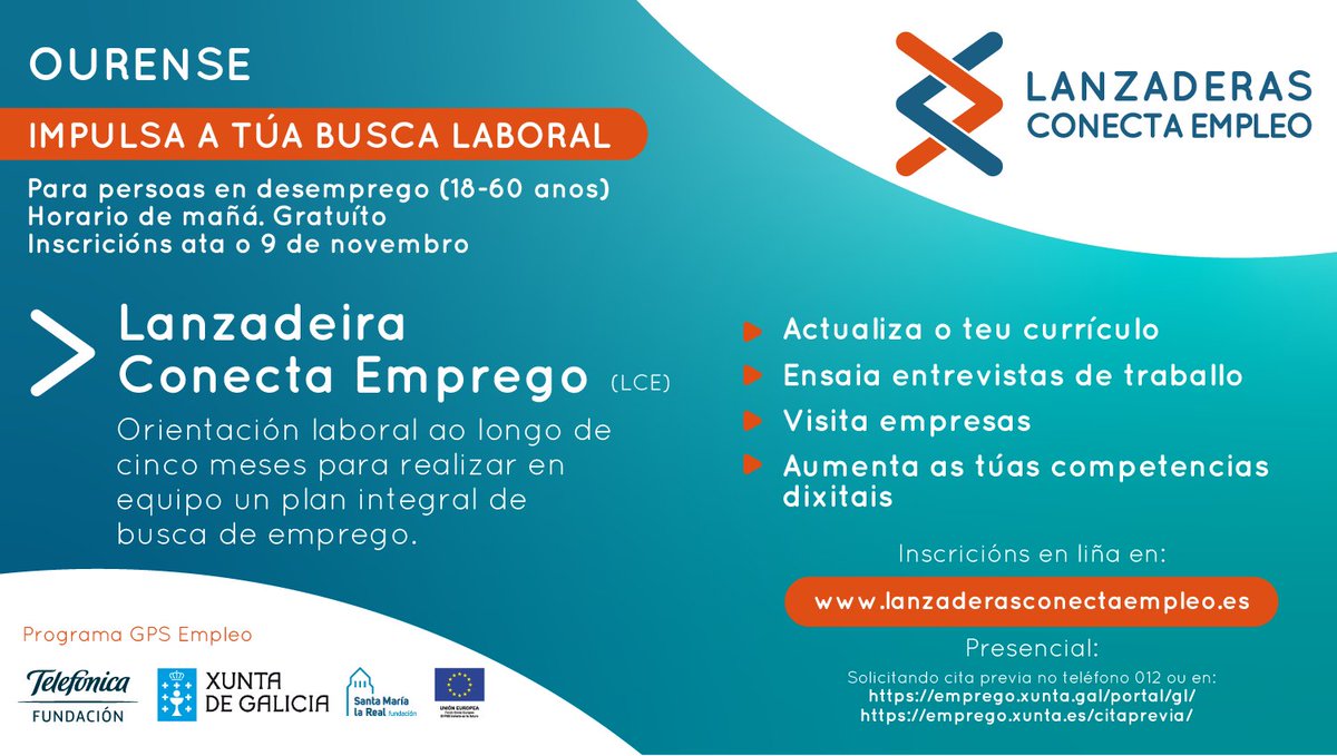 #Lanzaderasconectaempleo #Ourense
Inscríbete en el link bit.ly/38b1WR6
🔸Desarrollarás un #currículum óptimo
🔸Entrevistas por #competencias
🔸Trabajarás en tu perfil de #LinkedIn
🔸La importancia de desarrollar tu #MarcaPersonal <a href="/AreaEmpleoFSMLR/">Área de Empleo e Inclusión Social de FSMLR</a> <a href="/fundacionTef/">Fundación Telefónica</a> <a href="/EU_Social/">EU Social 🇪🇺</a>