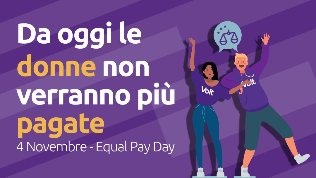 VoltItalia's tweet photo. "Oggi è il 4 novembre e ho smesso di essere pagata”
 
Potrebbe dirlo qualsiasi donna italiana, perché oggi è l'#EqualPayDay, giorno dell’anno in cui le donne cessano di ricevere uno stipendio rispetto ai colleghi maschi di pari mansioni e livello, pagati fino a fine anno.

1/2 https://t.co/gGX5bXVlk5