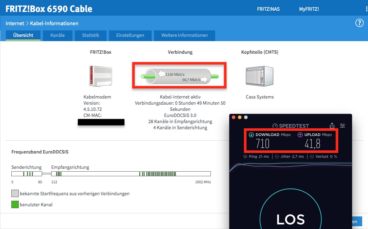 gtorges's tweet photo. Die 1 GB/s im Downstream (@Vodafone #CableMax) kriegt die #FritzBox 6590 von @AVM_DE mit #DocSIS 3.0 nicht so ganz hin, aber sie gibt sich Mühe. 😁 https://t.co/mAYRLr4nA3