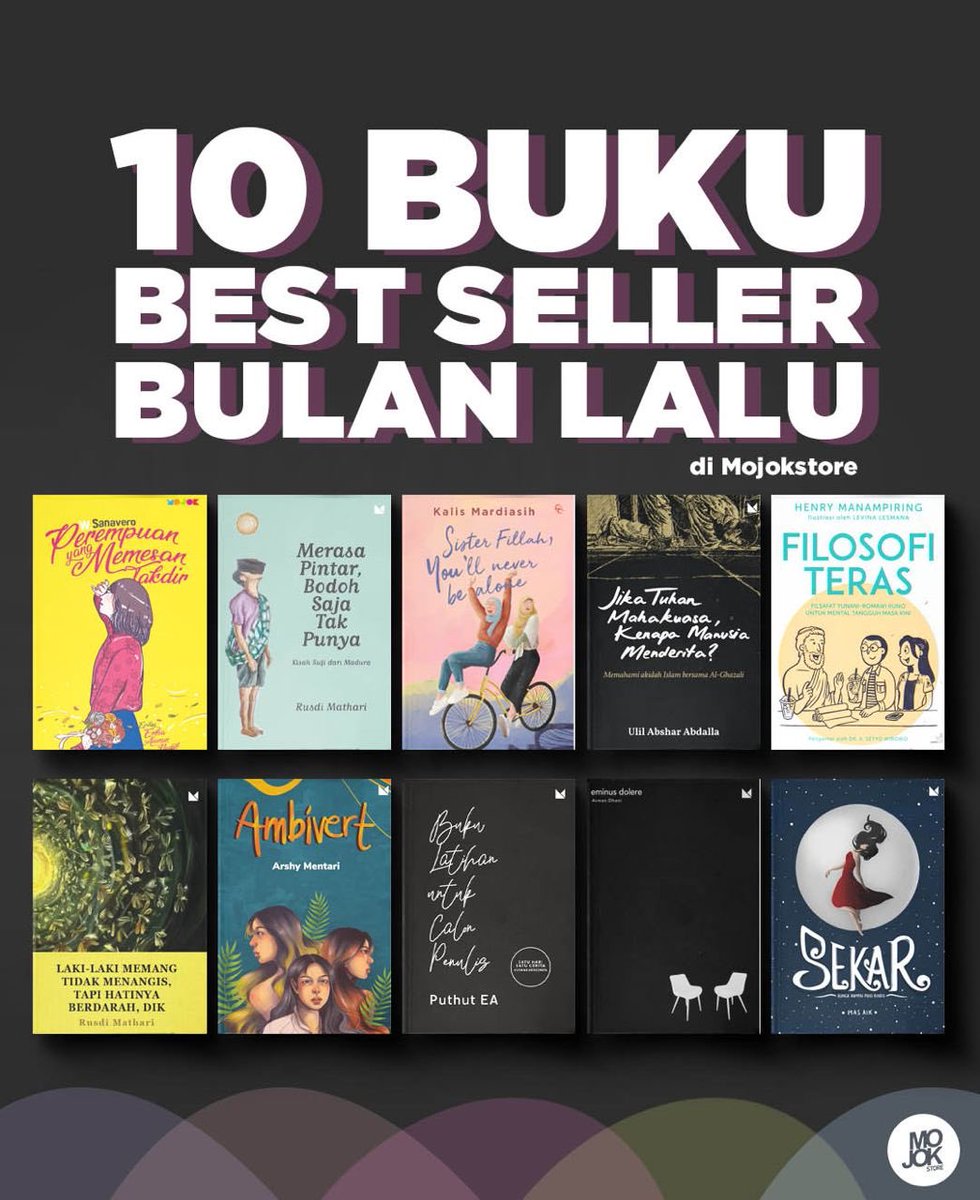 Semoga semakin banyak bertemu pembacanya di Jogja, Panyileukan, Jaksel, Pamulang, Pare-pare, Solok, Batam, Lubuklinggau, Madura, Samarkand, Manokwari, Banda Neira, Manado, Seodaemun, Tuban, dan lain-lain dst dsb etc lsp mjkstr 👍🏻👍🏻👍🏻

❤️ #bukubestseller
💖 Linktr.ee/mojokstore