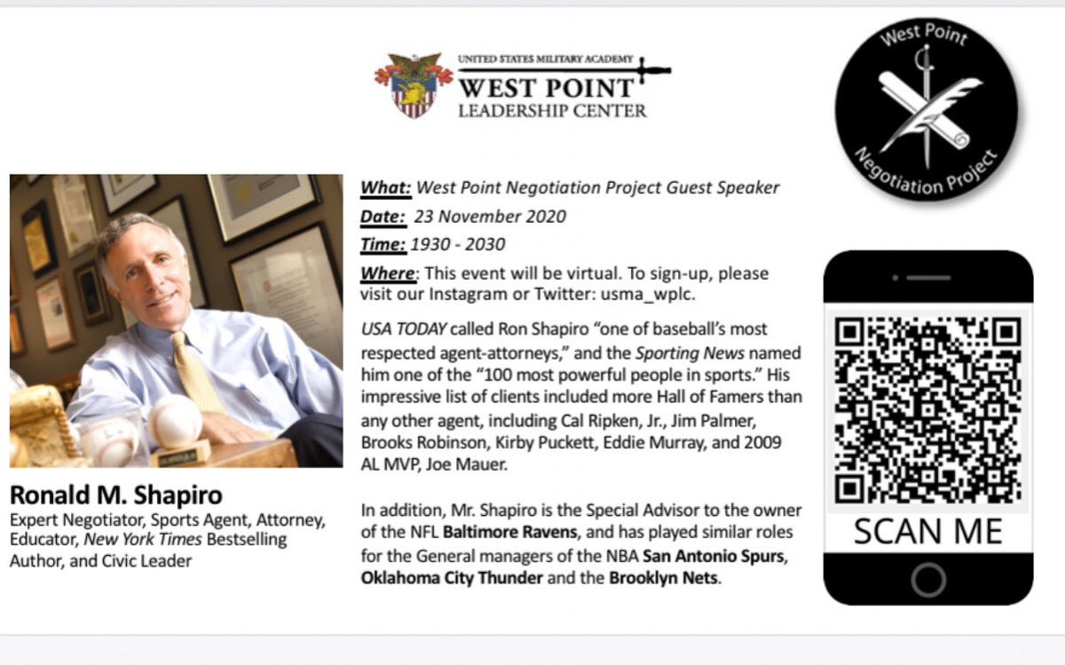 usma_wplc's tweet photo. Signup for West Point Negotiation Project’s next guest speaker Ron Shapiro. 
https://t.co/B1jzbDp24o https://t.co/d2sVqgMFyB