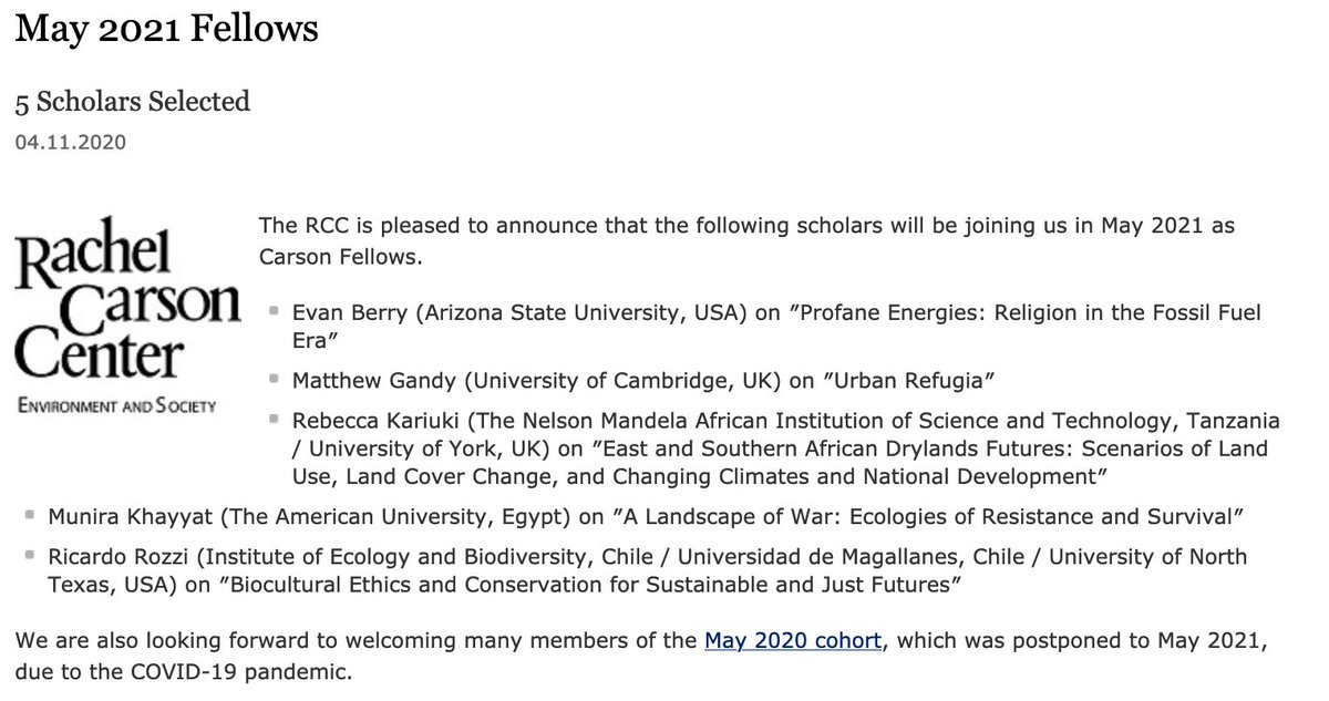 CarsonCenter's tweet photo. NEWS: We've just announced our fellows for May 2021! We look forward to welcoming Evan Berry, Matthew Gandy, Rebecca Kariuki, Munira Khayyat, and Ricardo Rozzi. Congratulations! https://t.co/wNh1K52qUu #envhum #CarsonCenter #RCCfellows #ecohum https://t.co/bGFNf6npHp